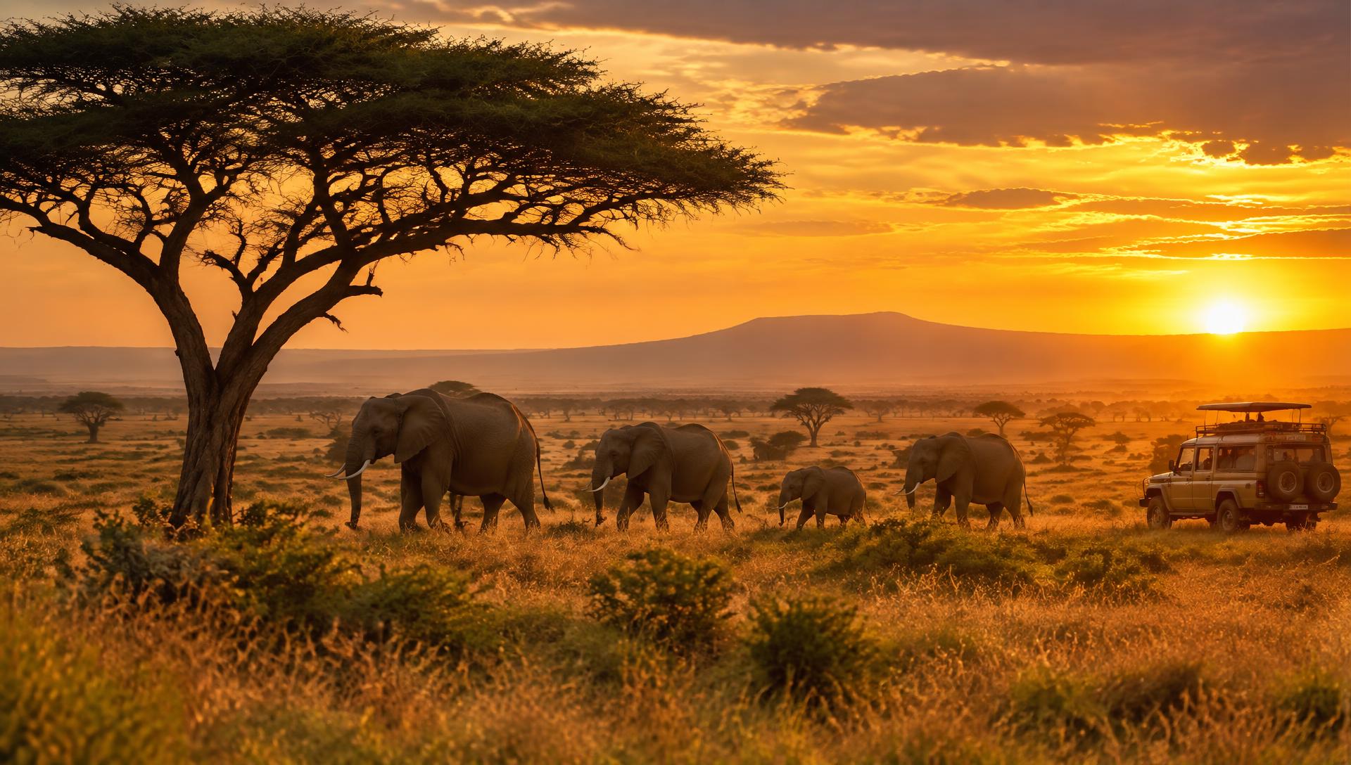 Elephants crossing the Serengeti at sunset